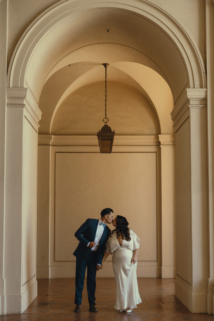 Couple kissing for their Pasadena City Hall elopement photos.