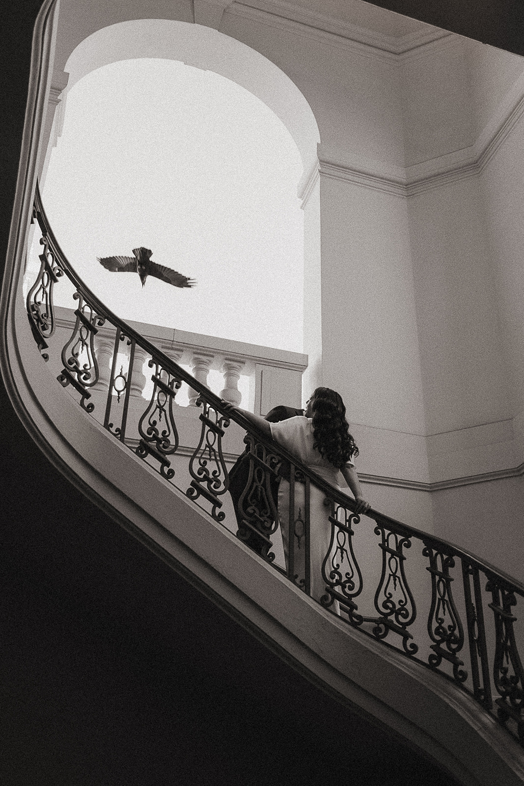 Black and white photo of a bride and groom posing on a staircase with a bird flying overhead.