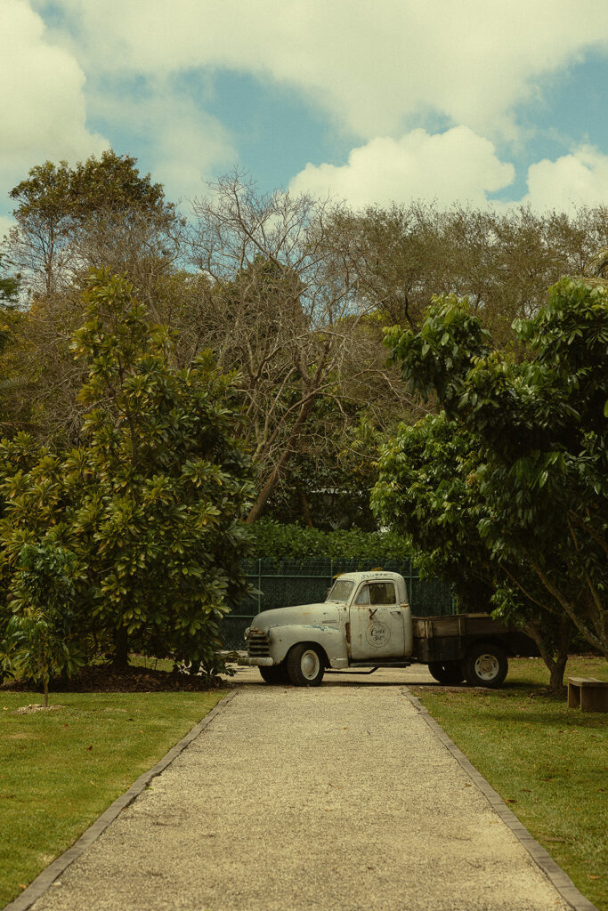 Old rustic truck decor at Cinco Farm Gardens in Miami, Florida.