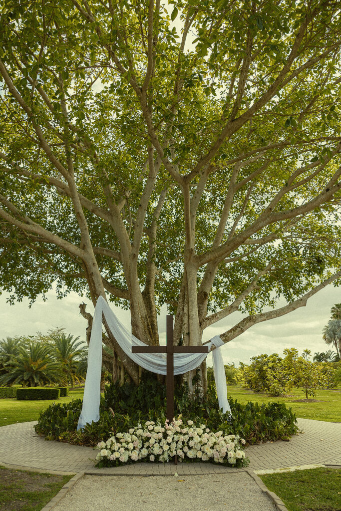 An outdoor wedding ceremony setup from a Miami wedding at Cinco Farm Gardens.