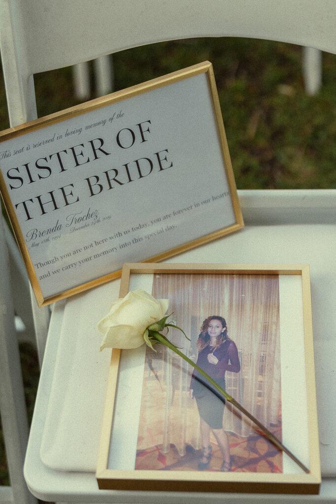 Sister of the bride memorial seating at a wedding ceremony.