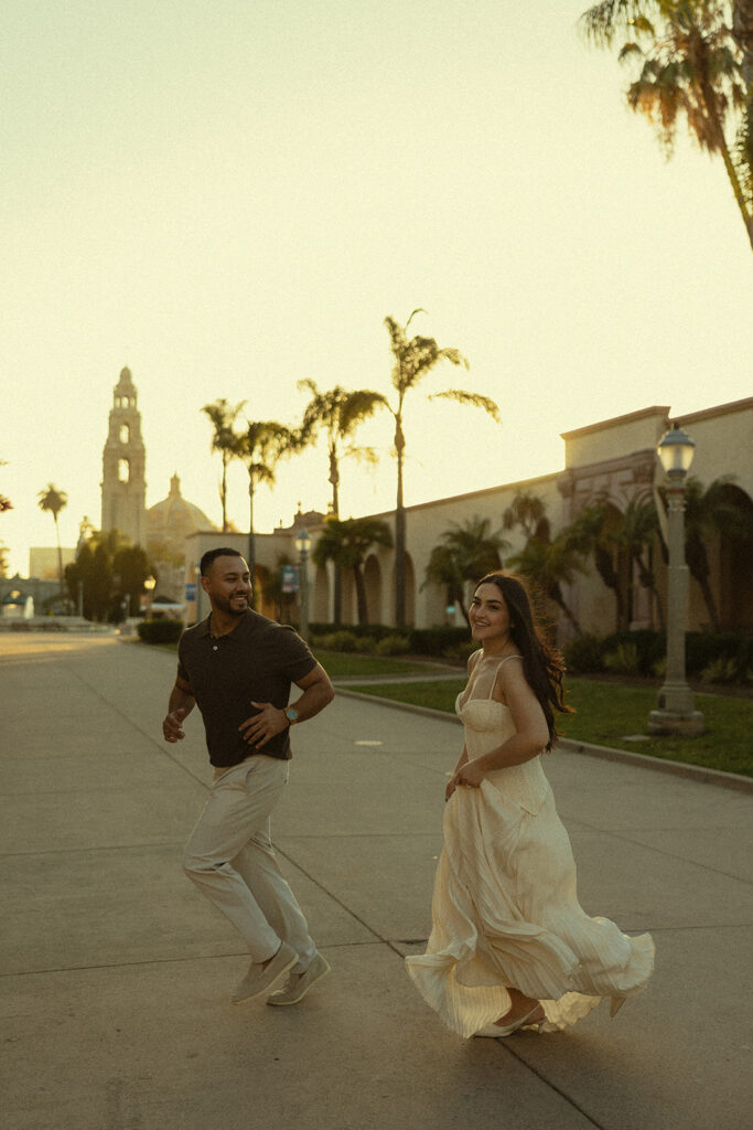 Golden hour Balboa Park engagement photo in San Diego.